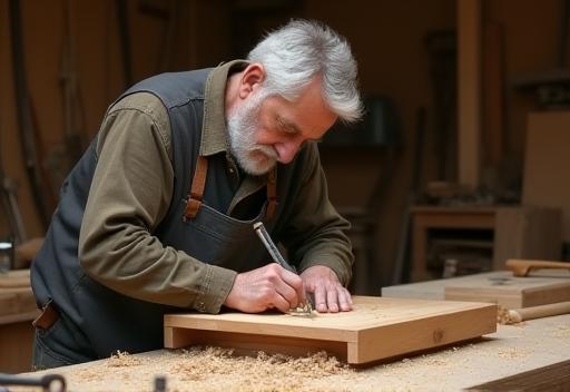 Artisan working diligently on a custom furniture piece in a Lyon workshop.