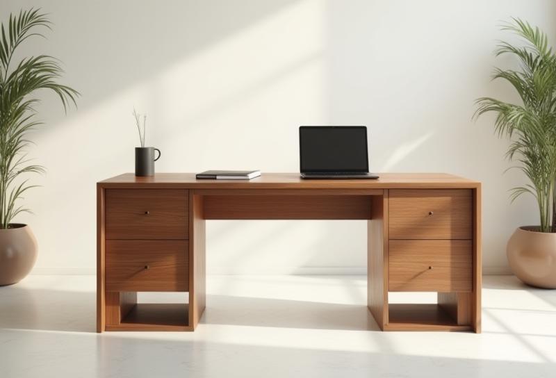 Custom-designed modern wooden desk for a home office.