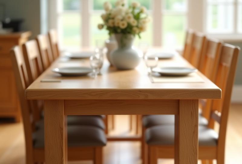 Handcrafted oak dining table and matching chairs.