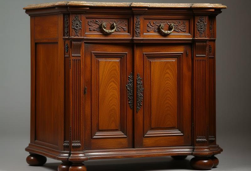 Professionally restored antique wooden cabinet with intricate details.