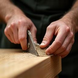 Artisan working meticulously on furniture joinery in a workshop.