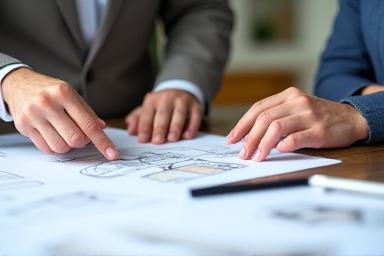 Designer sketching furniture plan during a consultation.