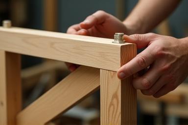 Woodworker assembling a chair frame in a workshop.