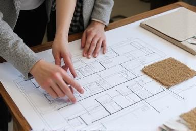 Interior designer discussing furniture layout plans with client.